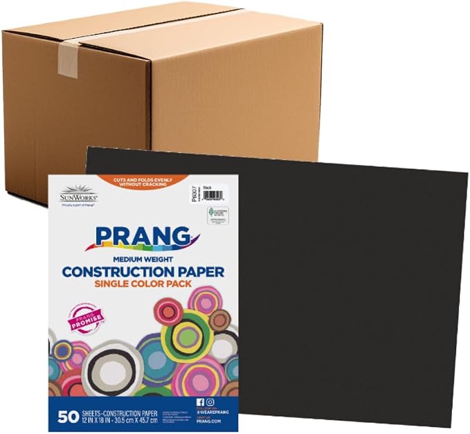 Prang Construction Paper, 12" x 18", Black, 50/Pack, 25 Packs | Formerly SunWorks, Class Pack, 1250 Sheets Total, P6307 by Prang