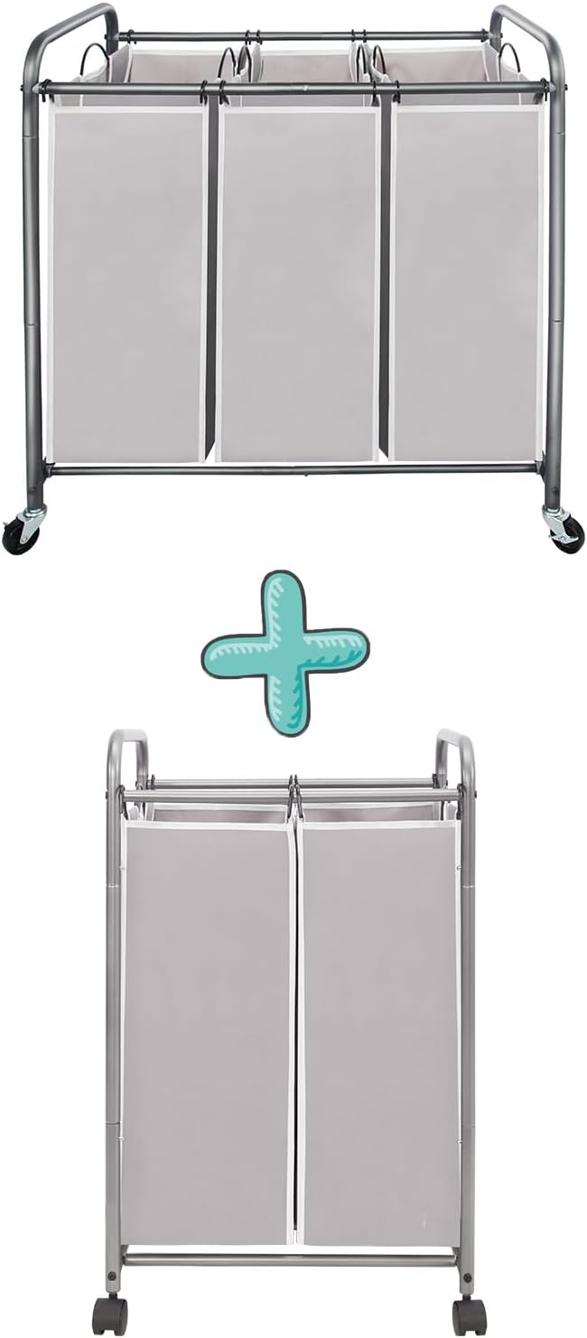 STORAGE MANIAC Laundry Sorter 3 Section Plus 2 Section, Laundry Hamper with Rolling Wheels, Laundry Basket Sorter, Laundry Separator Hamper, Laundry Divider Hamper with Removable Bags by STORAGEMANIAC