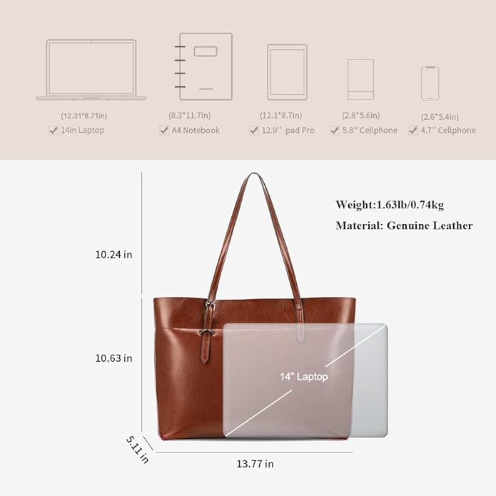 Kattee Vintage Genuine Leather Tote Shoulder Bag for Women | Genuine leather tote with adjustable straps, 7 pockets, and room for a 14-inch laptop, ideal for work and travel. - Image 3