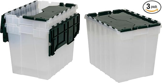 Akro-Mils KeepBox 18 Gallon Storage Container, Nesting and Stackable Plastic Storage Box with Lid Attached, Clear Tote for Garages, Closets, and Moving, 21" x 15" x 17", Clear/Green, 3-Pack by Akro-Mils