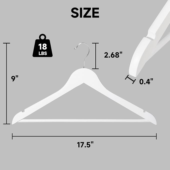 Wooden Clothes Hangers with Pants Bars, White, 24-Pack | Heavy Duty Solid Wood Suit & Coat Hangers with Swivel Hook & Shoulder Notches, for Shirts, Jackets, Dresses & Trousers - Image 2