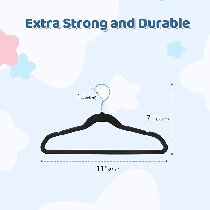 Premium 11 Inch Baby Hangers 50 Pack, Kids Velvet Hanger, Non Slip | Black Space Saving Felt Hangers Clothes Organizers for Closet with 360° Swivel Hook for Children, Infant & Toddler - Image 7
