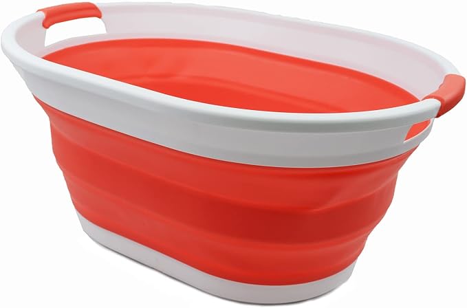 SAMMART 32L (8.4 gallon) Collapsible Plastic Laundry Basket - Foldable Pop Up Storage Container/Organizer - Portable Washing Tub - ater Capacity: 24L (1, White/Orange Red) - Image 2