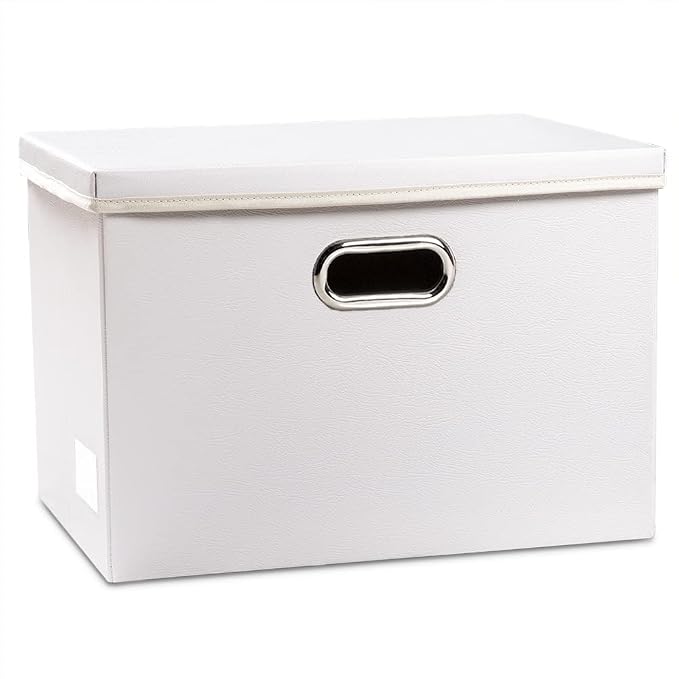 Large Collapsible Storage Box with Lid [1-Pack] Leather Fabric Foldable Storage Bin Organizer Container Basket Cube with Cover for Home Bedroom Closet Office Nursery White (17.7x11.8x11.8) by Prandom