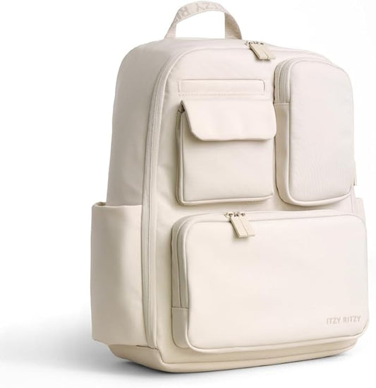 Itzy Ritzy Utility Diaper Bag Backpack, 17 Pockets w/Changing Pad (Cream) | Travel-Ready Diaper Backpack with 2 Insulated Bottle Holders, Laptop Compartment, Trolley Sleeve, Straps, and Changing Pad by Unknown
