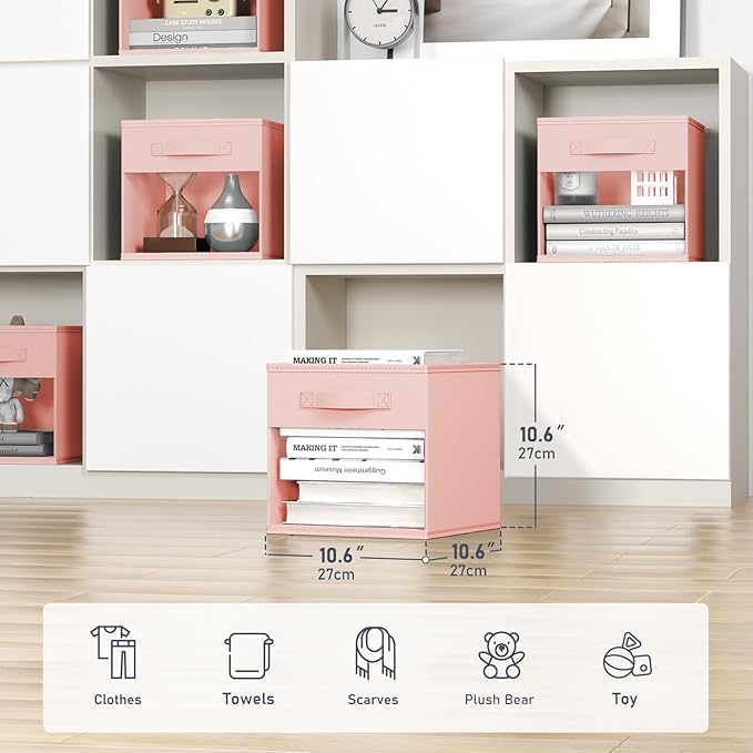 DIMJ Storage Cubes, Cube Storage Bin, 10 Pack Foldable Baskets with Window, Closet Storage Bins with Handle, 11x 11 inch Storage Cubes for Clothes, Toys, Books (Pink) - Image 2
