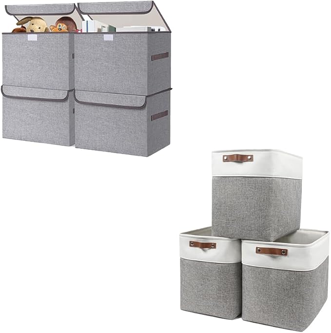 Fabric Storage Bin with Lids 14.6 x 9.5 x 9.5” [4 pack]+ Linen Storage Basket 17 x 12 x 15”[3 pack] (White&Grey) by Bagnizer