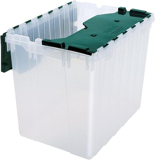 Akro-Mils KeepBox 18 Gallon Storage Container, Nesting and Stackable Plastic Storage Box with Lid Attached, Clear Tote for Garages, Closets, and Moving, 21" x 15" x 17", Clear/Green by Akro-Mils