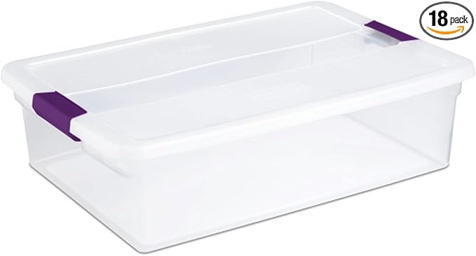 Sterilite ClearView Latch Boxes, Storage Bins with Lids, 32 Quart, 18-Pack | Clear Plastic Organizers with Color Accent Latches for Closet, Bedroom, Shelving Units, Dorm Room and Home Organization by Sterilite