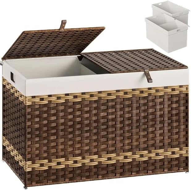 HOOBRO Storage Basket with Lid, 42.3 Gallon (160L) Wicker Storage Basket with 2 Separate Lid, Blanket Storage Bin with 2 Removable Liner Bags, for Bedroom, Laundry, Brown and Natural BR276CW01 by HOOBRO
