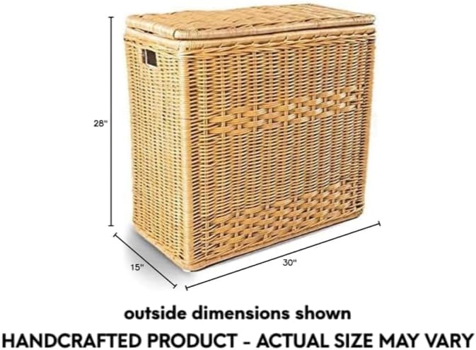 The Basket Lady 3-Compartment Wicker Laundry Hamper, Sandstone | 30" L x 15" W x 28" H, 1.66 cu-ft per section - 3 Fabric Liners, Handcrafted, Fully-assembled, Hinged Lid, Natural rattan - Image 5