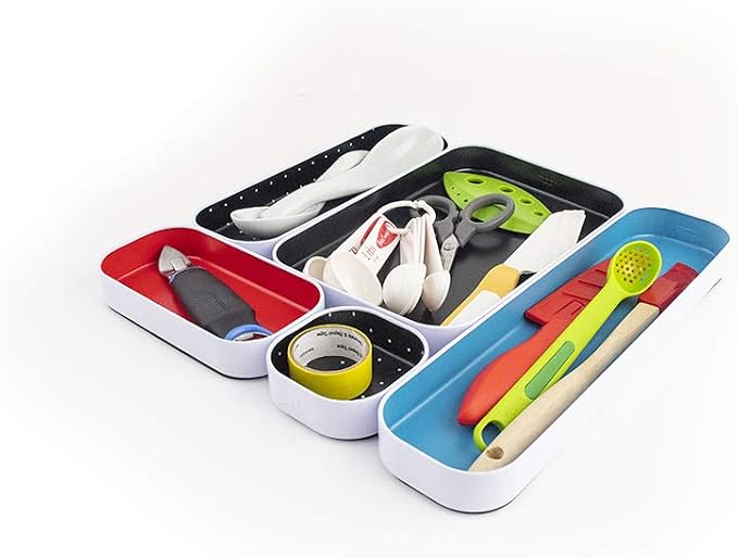Three by Three Seattle Metal Drawer Organizer Tray Set, 5-Pc, 1" (Multi) | Colorful 1" metal bins; food-safe; soft non-scratch base; kitchen, bathroom, vanity, desk & office drawers - Image 2