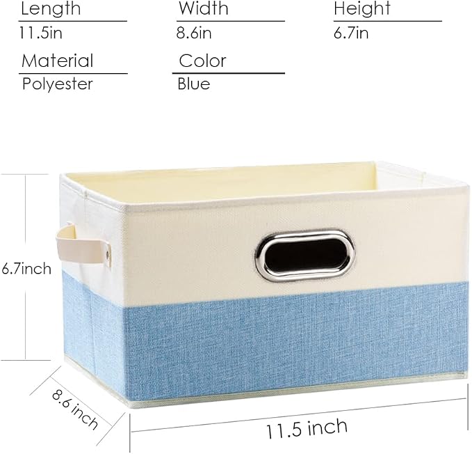 Fodable Storage Bins for Closet [3-pack] Decorative Fabric Storage Baskets Cubes with Leather/Metal Handles for Shelves Bedroom Living Room Blue&Cream (11.5x8.5x6.7 Inch) - Image 4