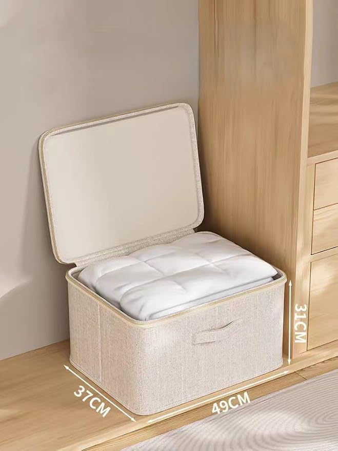 [3 Pack] Beige Cotton Linen Collapsible Storage Bins for Home Organization, Waterproof Fabric Foldable Organizer Boxes, 19.29 x 14.57 x 12.2 Inches, Zippered Flap & Handle (Extra Large) - Image 3