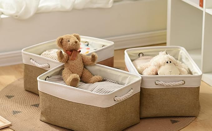 Rectangular Fabric Storage Baskets for Organizing, Shelves, Decorative & Gift (White & Peru) - Image 5