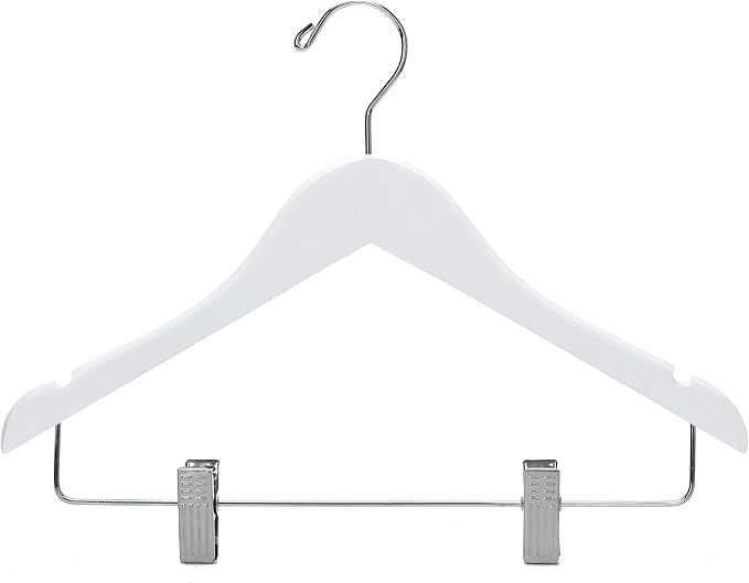 Quality Hangers 80 Pack Kids Skirt Hangers 14 Inches - Junior Preteen Youth Wooden Clothes Hanger with Curved Shoulder Swivel Chrome Hook Adjustable Metallic Clips & Nonslip Notches (White, 80) - Image 6
