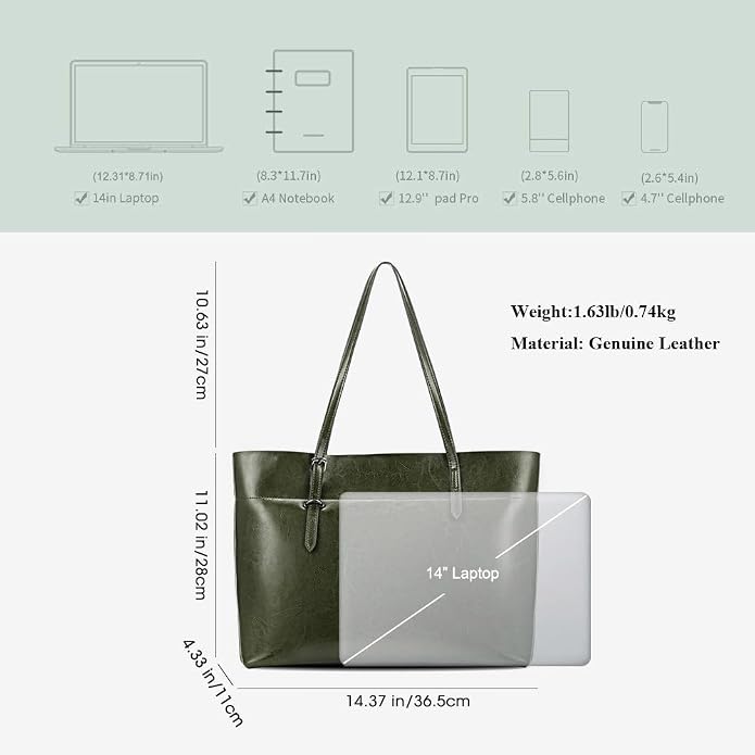Kattee Vintage Genuine Leather Tote Shoulder Bag for Women | Genuine leather tote with adjustable straps, 7 pockets, and room for a 14-inch laptop, ideal for work and travel. - Image 3