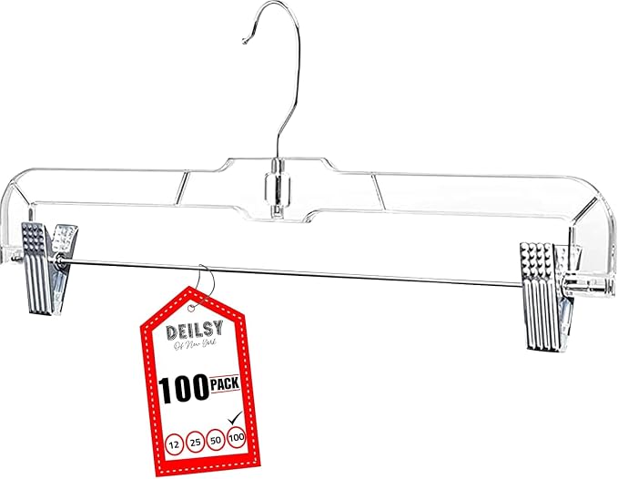 DEILSY™ Pants Hangers with Clips 100 Pack Skirt Hangers Clear Plastic | Hangers with clips and 360° swivel hook, pants hangers rubber-padded clips, ideal for jeans, trousers, skirts and shorts by Deilsy