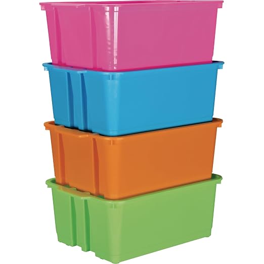 Really Good Stuff Stacking Bins, 14" x 10" x 5.75", 4-Pack, Neon | Stackable Storage Plastic Bins for Classroom Organization, Home Storage, Office & Hospital Supplies - Image 5