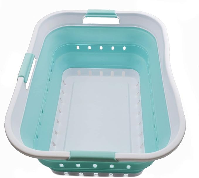 SAMMART 42L (11 gallon) Collapsible Plastic Laundry Basket - Foldable Pop Up Storage Container/Organizer - Space Saving Hamper/Basket (1, White/Lake Green) by SAMMART