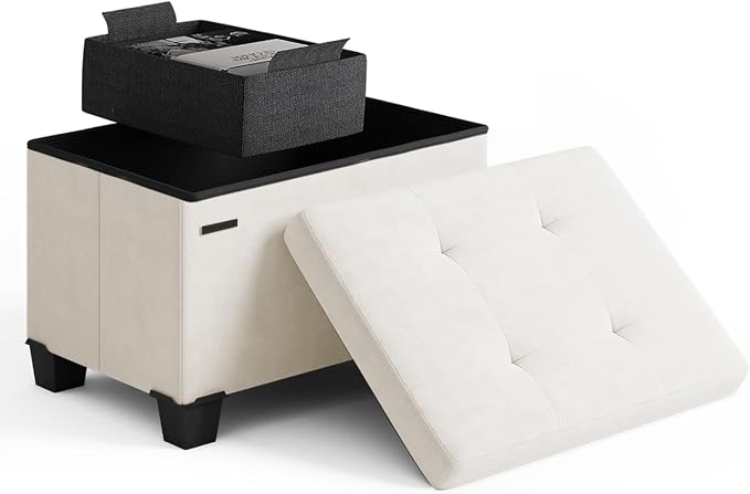 Storage Ottoman Cube with Small Bin, 16-in Square Ottoman with Storage for Living Room and Bedroom, Small Ottomans Foot Rest, Velvet Foot Stools Ottomans Max 330lbs, Cream by STORAGEBUD