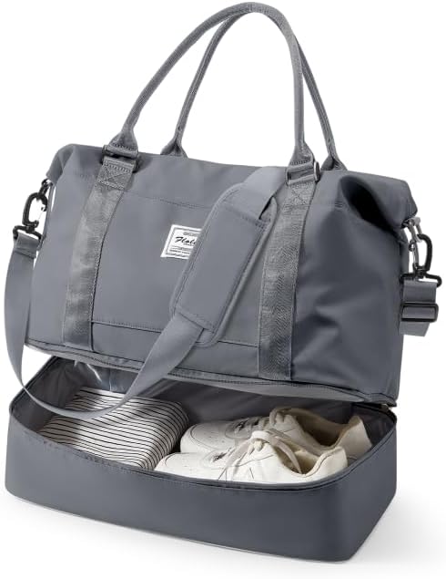 Travel Duffel Weekender Bag Women Tote Carry On Bags With Shoe Compartment | 18x14x8 inches Travel Overnight Bags with Trolley Sleeve for Airplanes Sport Tote Gym for Men Lightweight Daypack Grey by VECAVE