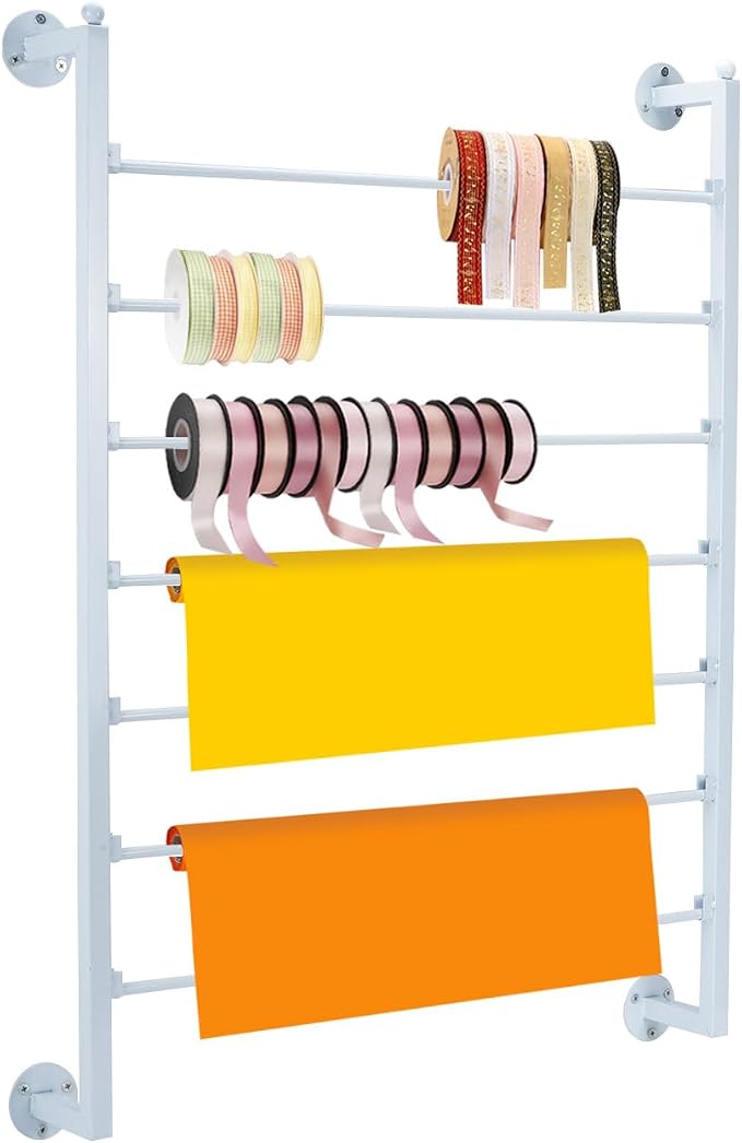 ikare Ribbon Storage Organizer,Wall Mounted Ribbon Organizer,Wrapping Paper Rack,7-Tier Metal Ribbon Storage for Craft Room,Flower Shop,Gift Wrapping Paper,White by ikare