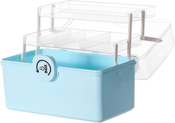 Sooyee Craft Organizers and Storage,Plastic Box with 3-Tier Fold Tray and Handle,Portable Lockable Container for Arts, Crafts,Cosmetic, Sewing, Toy, Washi Tape, Lego,13.4x7.5x8.9 in,Clear/Blue by Sooyee