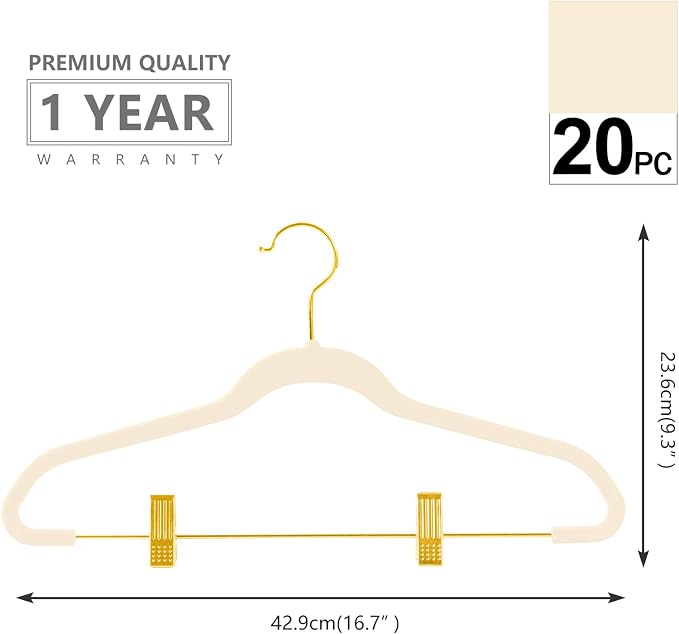MIZGI Premium Velvet Pants Hangers with Adjustable Clips (Pack of 20) Slim Skirt Hangers- Non Slip Felt Outfit Dress Hangers Ivory - Gold Hooks,Space Saving Shirt Clothes Hangers - Image 2