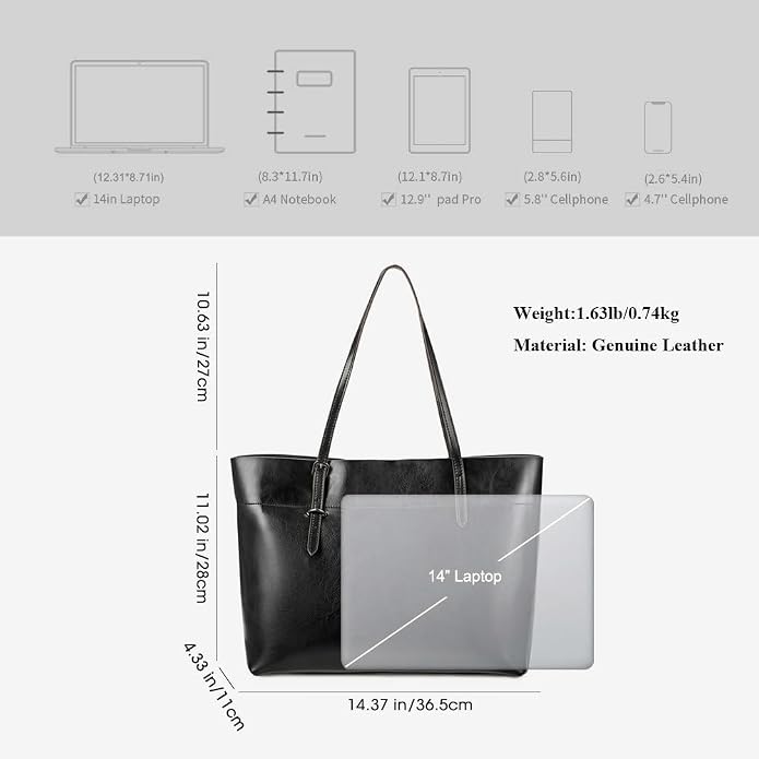 Kattee Vintage Genuine Leather Tote Shoulder Bag for Women | Genuine leather tote with adjustable straps, 7 pockets, and room for a 14-inch laptop, ideal for work and travel. - Image 3