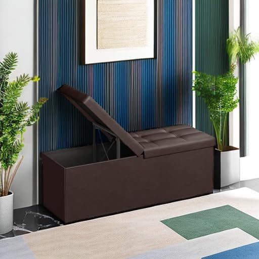 SONGMICS MAZIE Collection - 43 Inches Storage Ottoman Bench with Flipping Lid, Storage Chest with Iron Frame Support, Load 660 lb, for Living Room, Bedroom, Synthetic Leather, Brown ULSF75BR - Image 6
