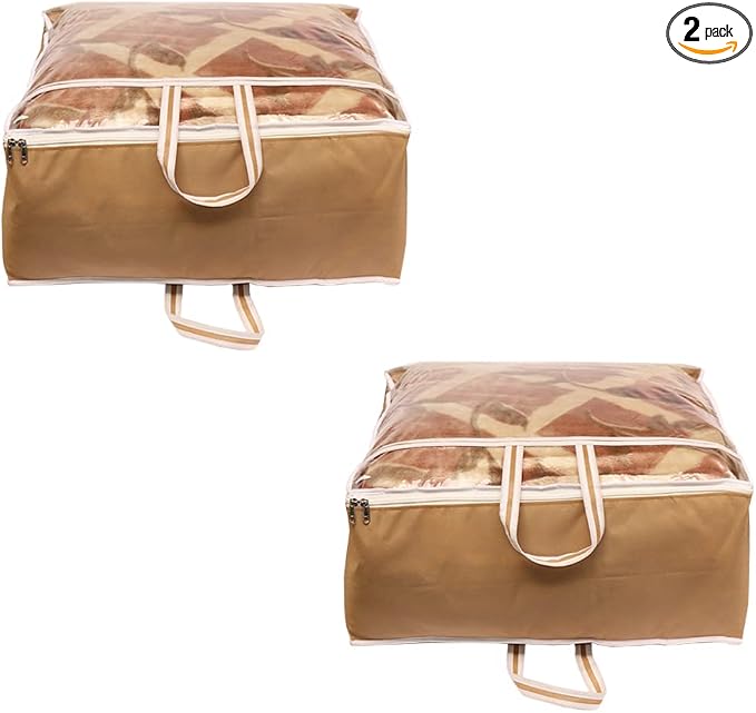 ANKIT INTERNATIONAL Garments Protect Clothes Organizer/Storage Bags for Blanket, Quilts & Rajai Storage Combo Pack of 02 with Dust Protection Front Clear window & Zip Closure (BEIGE,51 x 51 x 22 cms) by AI+ANKIT+INTERNATIONAL
