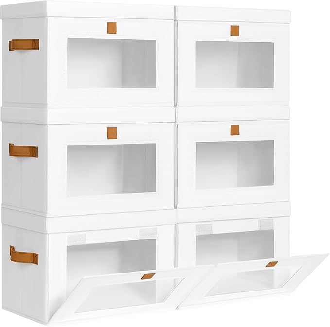 DIMJ Storage Bins with Lids - 6 Pack Front Opening Stackable Fabric Storage Boxes with Clear Window & Handles, Collapsible Closet Organizers for Clothes, Sweaters, Shelf Storage, Bedroom, White by DiMJ