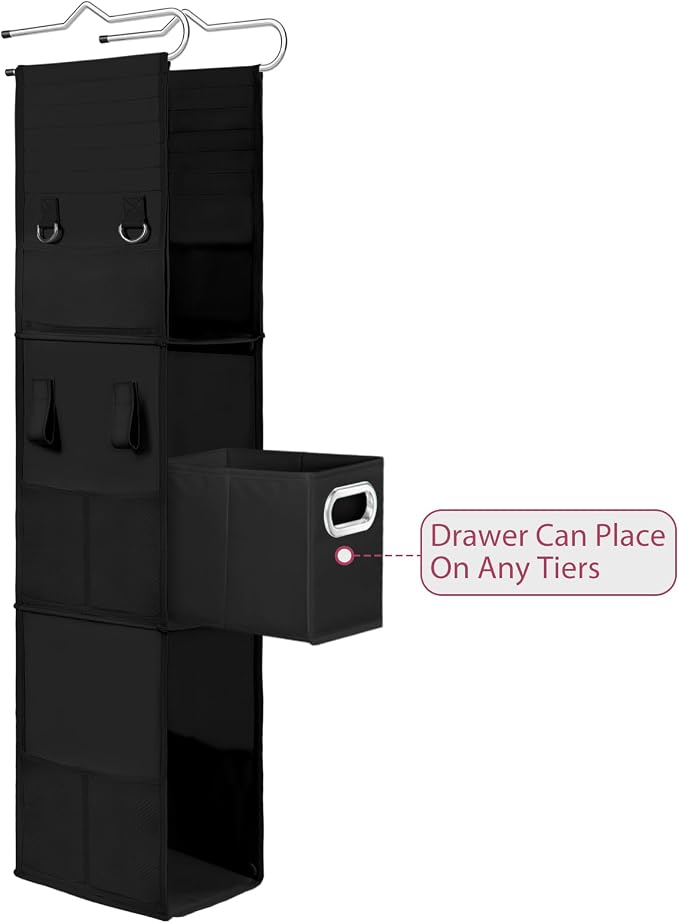 3 Shelf Hanging Locker Organizer with Side Pockets, Dark Black | Durable Oxford Fabric, Deep Shelves 9 in x 7 in, Adjustable Locker Shelf from 3 to 2 Shelves for School Locker, Gym, Closet - Image 4