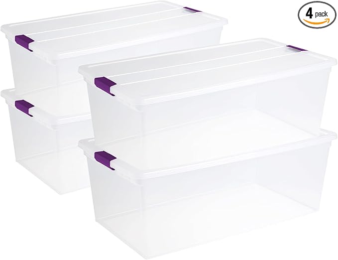 Sterilite 4-Pack 110 Quart ClearView Latch Box, Stackable Organizer Bins with Latching Lids - Clear Plastic Organization Containers for Closet, Bedroom, Shelving Units and Everyday Home Storage | Clear Plastic Organizers with Color Accent Latches for C... by Sterilite