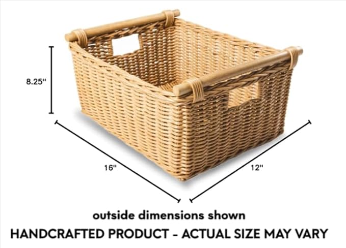 The Basket Lady Pole Handle Wicker Storage Basket, M, Sandstone | Outside: 16" L x 12" W x 8.25" H | Inside: 14"L x 10"W x 8"H - Handcrafted by artisans from natural rattan - Image 7