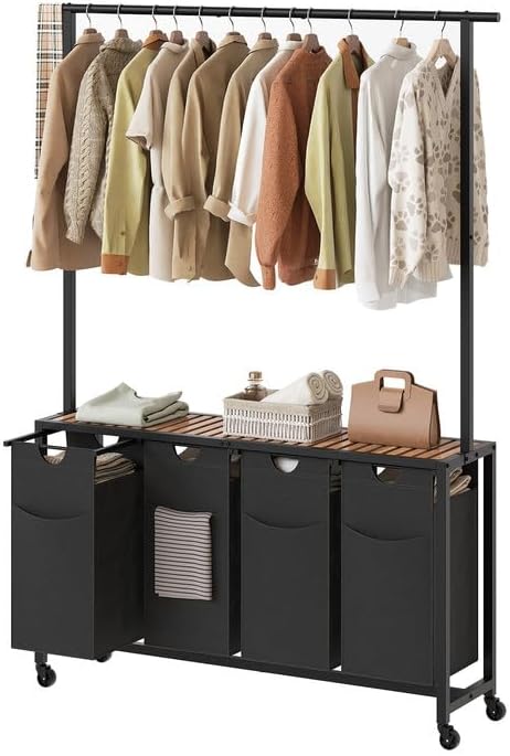 Laundry Sorter 4 Section, Rolling Laundry Hamper with Hanging Rack, Laundry Sorter with Wheels, Hampers for Laundry, Laundry Basket Organizer for Laundry Room, Rustic Brown LS47BR by Yatiney