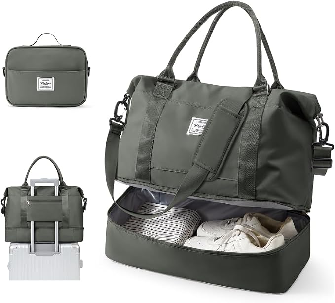 Travel Duffel Weekender Bag Women Tote Carry On Bags With Shoe Compartment | 18x14x8 inches Travel Overnight Bags with Trolley Sleeve for Airplanes Waterproof Sport Tote Gym with Toiletry Bag Green by VECAVE