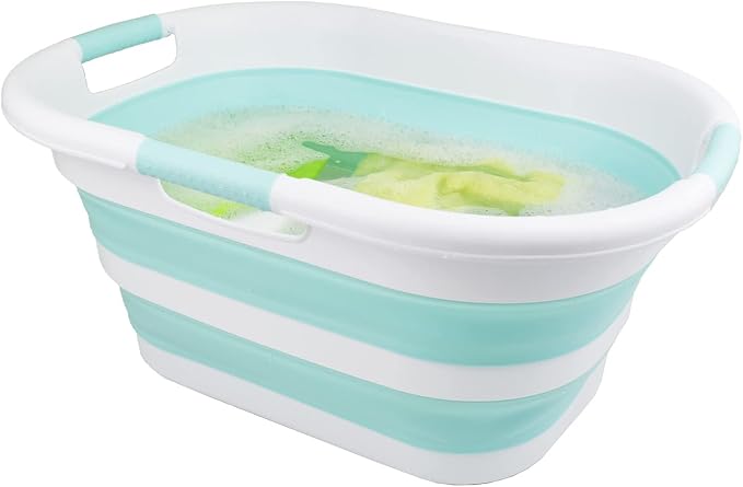 SAMMART 40L (10.5 gallon) Collapsible Plastic Laundry Basket - Foldable Pop Up Storage Container/Organizer - Portable Washing Tub - Space Saving Hamper/Basket (White/Lake Green (Set of 2)) - Image 5