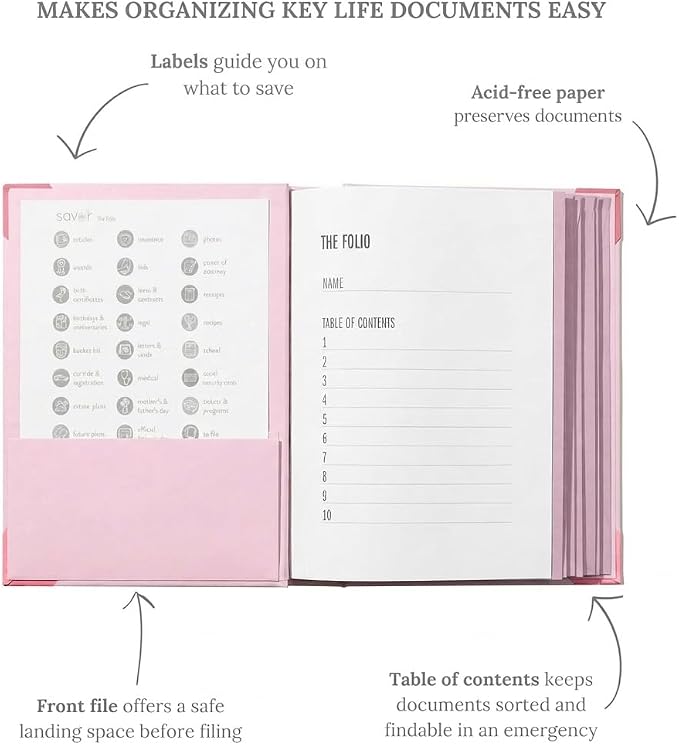 The Folio® Important Document Organizer by Savor | Binder with Guided Labels, Acid-Free File Folder Organizer with 10 Pockets, Document Holder for Home Records, Legal and Medical Papers (Pink) - Image 7