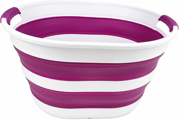 SAMMART 23L (6 Gallons) Collapsible Plastic Laundry Basket - Oval Tub/Basket - Foldable Storage Container/Organizer - Portable Washing Tub - Space Saving Laundry Hamper (White/Purple) - Image 4