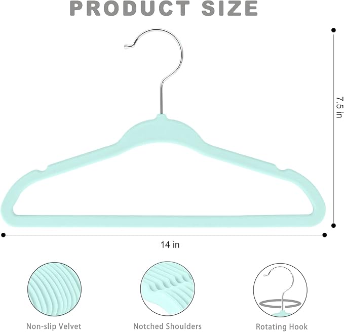 BAGAIL50 Pack Kids Velvet Hangers 14” Inch Children's Clothes Hangers Non-Slip Baby Hangers for Infant/Toddler (Mint) - Image 2