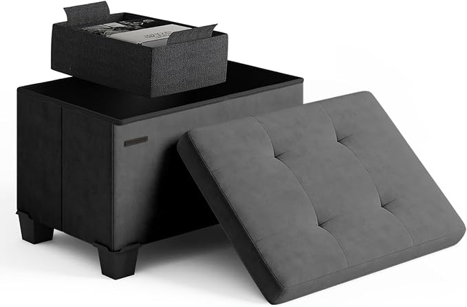 Storage Ottoman Cube with Small Bin, 16-in Square Ottoman with Storage for Living Room and Bedroom, Small Ottomans Foot Rest, Velvet Foot Stools Ottomans Max 330lbs, Grey by STORAGEBUD