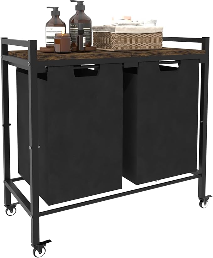 12 x 2 Gal Large Laundry Hamper with Wheels, 2 Pull-Out & Removable Sorter Bags, Freestanding Clothes Basket Organizer for Clothing or Toys in Bathroom and Living Room, Rustic Brown and Black by WAALIJI