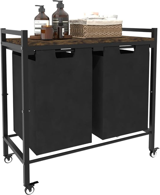 12 x 2 Gal Large Laundry Hamper with Wheels, 2 Pull-Out & Removable Sorter Bags, Freestanding Clothes Basket Organizer for Clothing or Toys in Bathroom and Living Room, Rustic Brown and Black by WAALIJI
