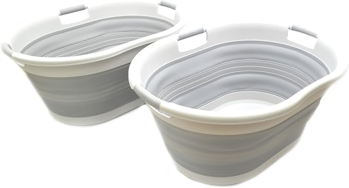 SAMMART 57L (15 Gallons) Collapsible 3-Handled Plastic Laundry Basket - Oval Tub - Portable Washing Tub-Space Saving Laundry Hamper, Water Capacity 44L / 11.6 Gallon (2, Grey/Grey) - Image 4