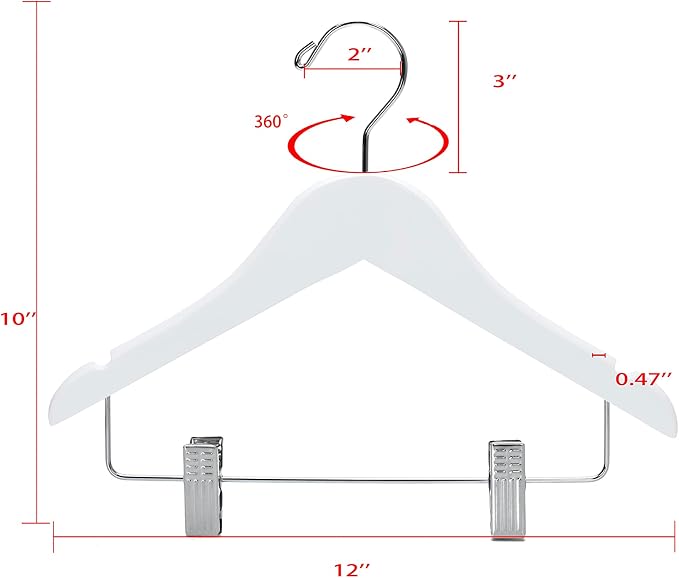 Quality Hangers 20 Pack Kids Wooden Pants Hangers 12 Inches - Skirt Hangers with Adjustable Metal Clips 360° Swivel Chrome Hook & Nonslip Notches- Ideal for Clothes Size 8 and Smaller (White, 20) - Image 5