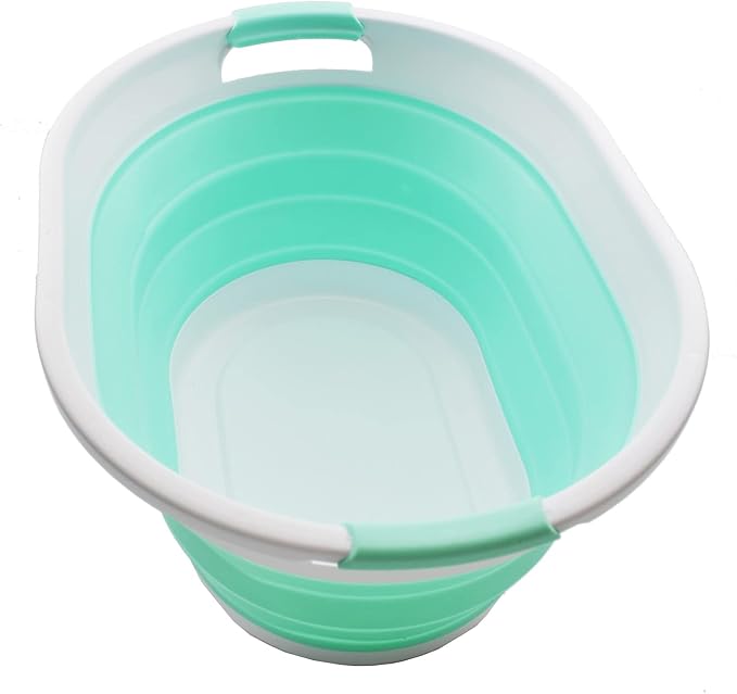 SAMMART 32L (8.4 gallon) Collapsible Plastic Laundry Basket - Foldable Pop Up Storage Container/Organizer - Portable Washing Tub, Water Capacity: 24L (1, White/Light Green) by SAMMART