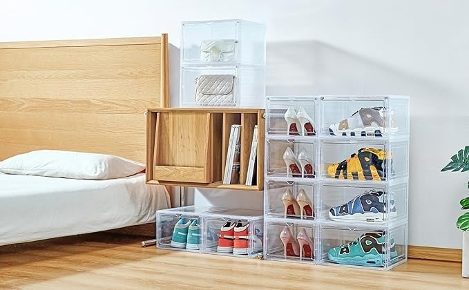 ZLLZUU Shoe Shoe Storage Boxes, 6 Pack Stackable Shoes Organizer Clear | Clear Drop Front, Dustproof Visible Magnetic Door, Stackable, Fits Up to Men's Size 12 High-Top Sneakers, Easy to Assemble - Image 5