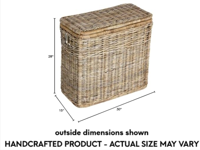 The Basket Lady 3-Compartment Wicker Laundry Hamper, Serene Grey | 30" L x 15" W x 28" H, 1.66 cu-ft per section - 3 Fabric Liners, Handcrafted, Fully-assembled, Hinged Lid, Natural rattan - Image 2